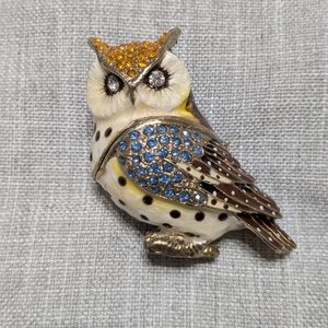Owl-shaped Enamel and Rhinestone Hinged Trinket Box